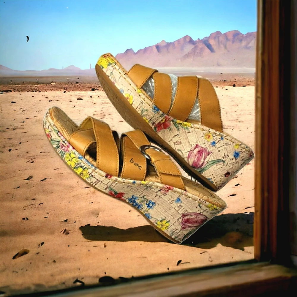 Cottagecore Sandals 7 Cush Painted Floral Strappy Wedge Mule BOC BORN Concepts